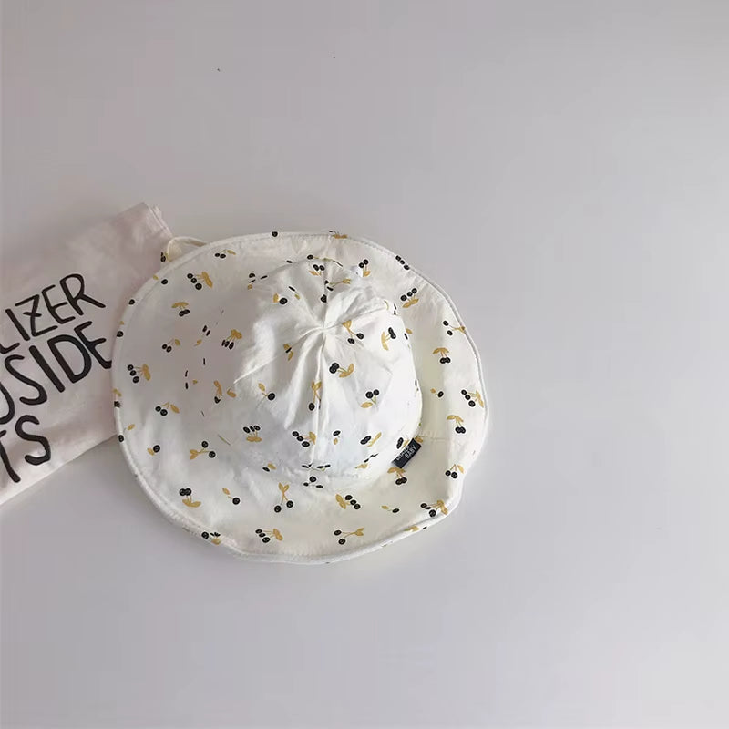 Summer Large Brim Sun Hat Baby Cute Cherry Print Girls Fisherman Cap Solid Color Kids Sun Hats Outdoor Beach Panama Caps