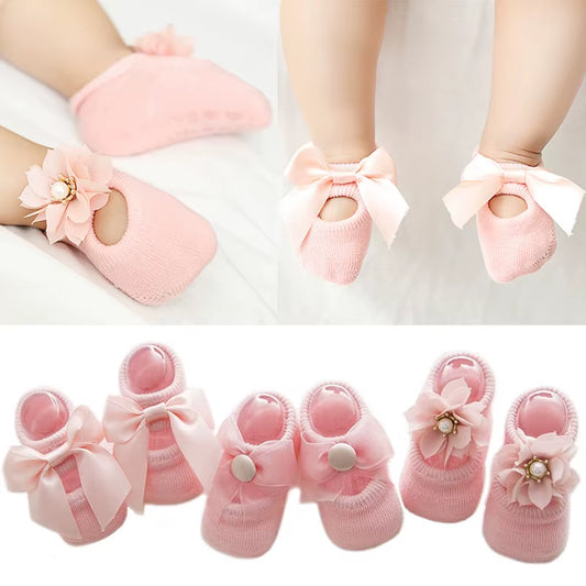 3 Pairs/Lot Lace Flower Newborn Baby Socks Cotton Anti-Slip Kids Floor Socks Bow Toddler Girl Socks Spring Girls Gift Sokken