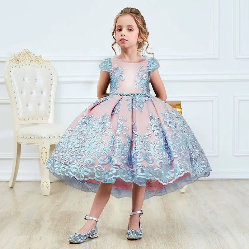 Birthday Party Princess Dress for 4-10 Years Girls Bow Lace Sleeve Flower Ball Gown for Children Backless Knee-Length Costume
