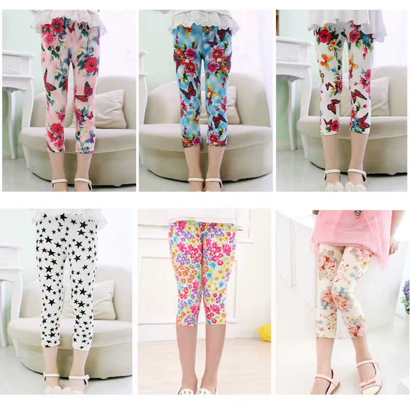 3-10Years Girls Cropped Trousers Floral Print Flower Kids Calf Length Skinny Pants Stretch Leggings Children All-Matches Bottoms