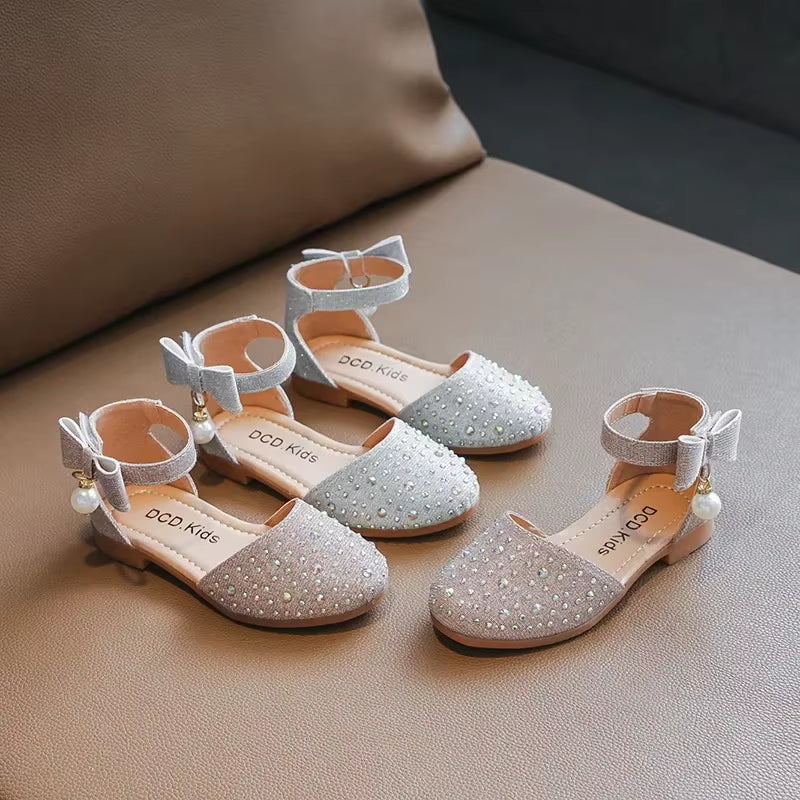 Girls' Rhinestone and Pearl Princess Shoes - Versatile Flat Sandals for Weddings and Parties in Korean Style