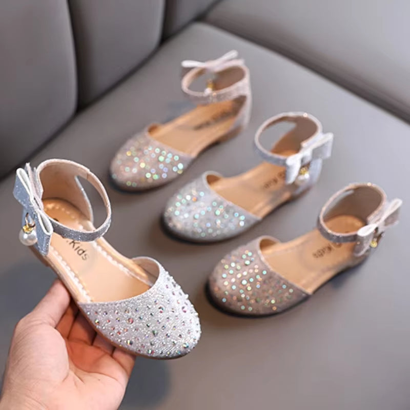 Girls' Rhinestone and Pearl Princess Shoes - Versatile Flat Sandals for Weddings and Parties in Korean Style