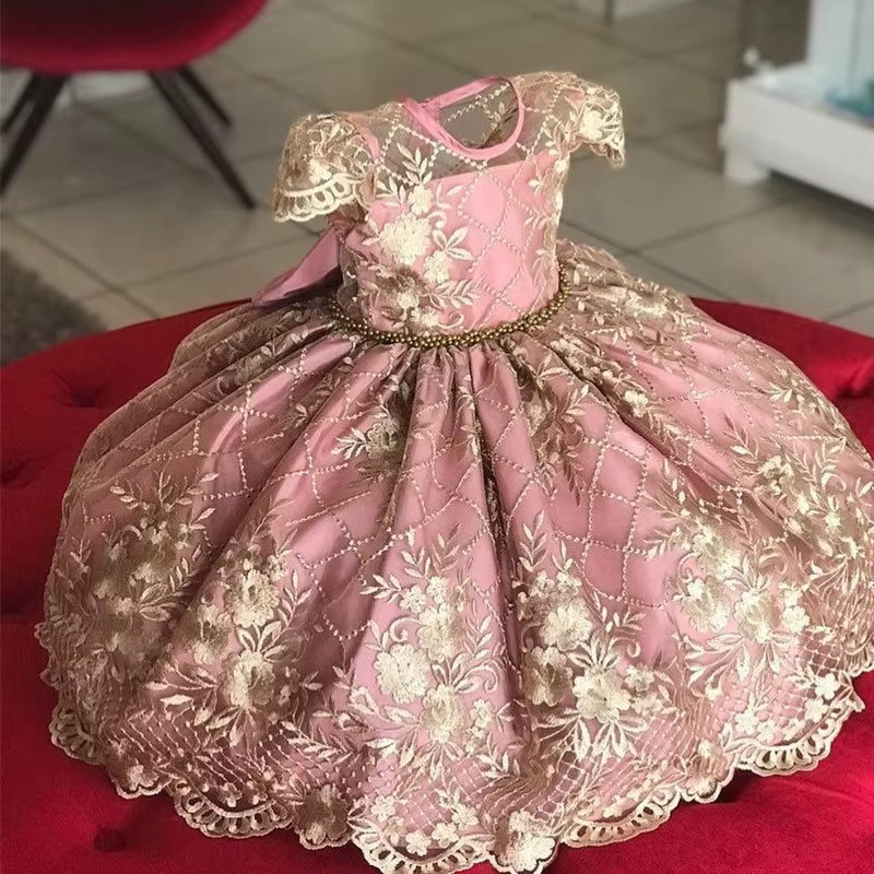 Birthday Party Princess Dress for 4-10 Years Girls Bow Lace Sleeve Flower Ball Gown for Children Backless Knee-Length Costume