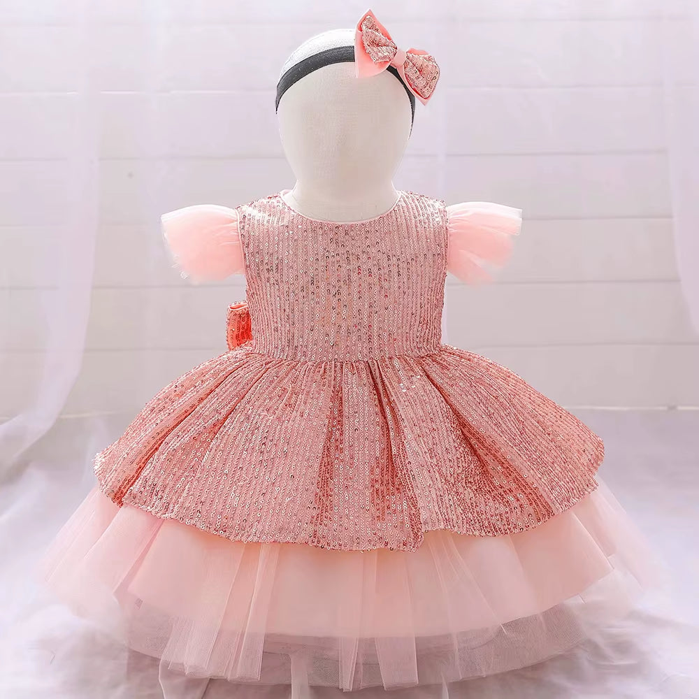 Christmas Sequin Cake Double Baby Girl Dress 1 Year Birthday Newborn Party Wedding Vestidos Kids Christening Toddler Clothes