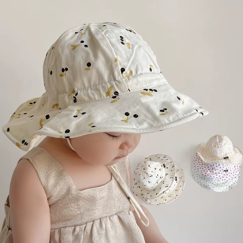 Summer Large Brim Sun Hat Baby Cute Cherry Print Girls Fisherman Cap Solid Color Kids Sun Hats Outdoor Beach Panama Caps