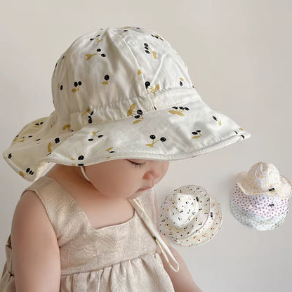 Summer Large Brim Sun Hat Baby Cute Cherry Print Girls Fisherman Cap Solid Color Kids Sun Hats Outdoor Beach Panama Caps