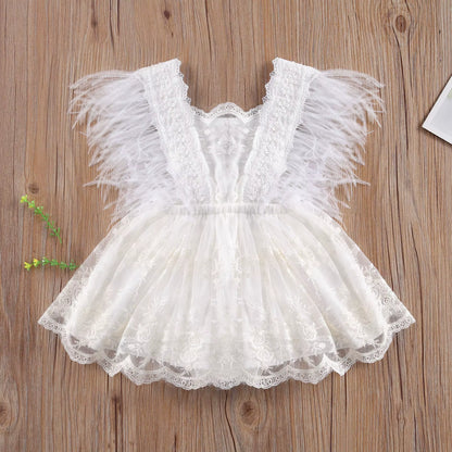 Princess Infant Baby Girls Lace Embroidery Romper Dress Sweet Baby Feathers Fly Sleeve Backless White Jumpsuit Summer Romper