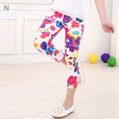 3-10Years Girls Cropped Trousers Floral Print Flower Kids Calf Length Skinny Pants Stretch Leggings Children All-Matches Bottoms