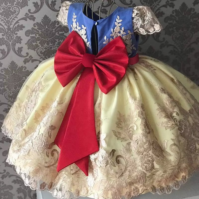 Birthday Party Princess Dress for 4-10 Years Girls Bow Lace Sleeve Flower Ball Gown for Children Backless Knee-Length Costume