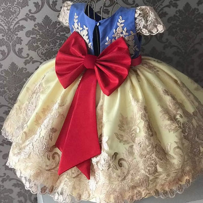 Birthday Party Princess Dress for 4-10 Years Girls Bow Lace Sleeve Flower Ball Gown for Children Backless Knee-Length Costume
