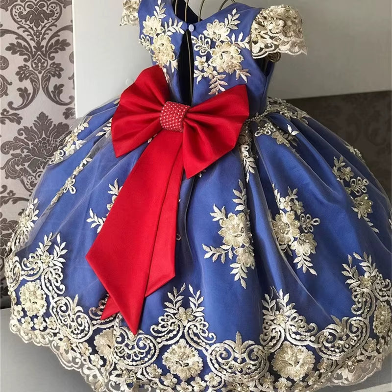 Birthday Party Princess Dress for 4-10 Years Girls Bow Lace Sleeve Flower Ball Gown for Children Backless Knee-Length Costume