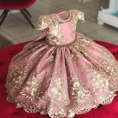Birthday Party Princess Dress for 4-10 Years Girls Bow Lace Sleeve Flower Ball Gown for Children Backless Knee-Length Costume
