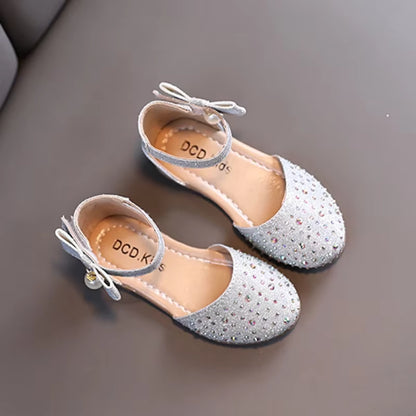 Girls' Rhinestone and Pearl Princess Shoes - Versatile Flat Sandals for Weddings and Parties in Korean Style