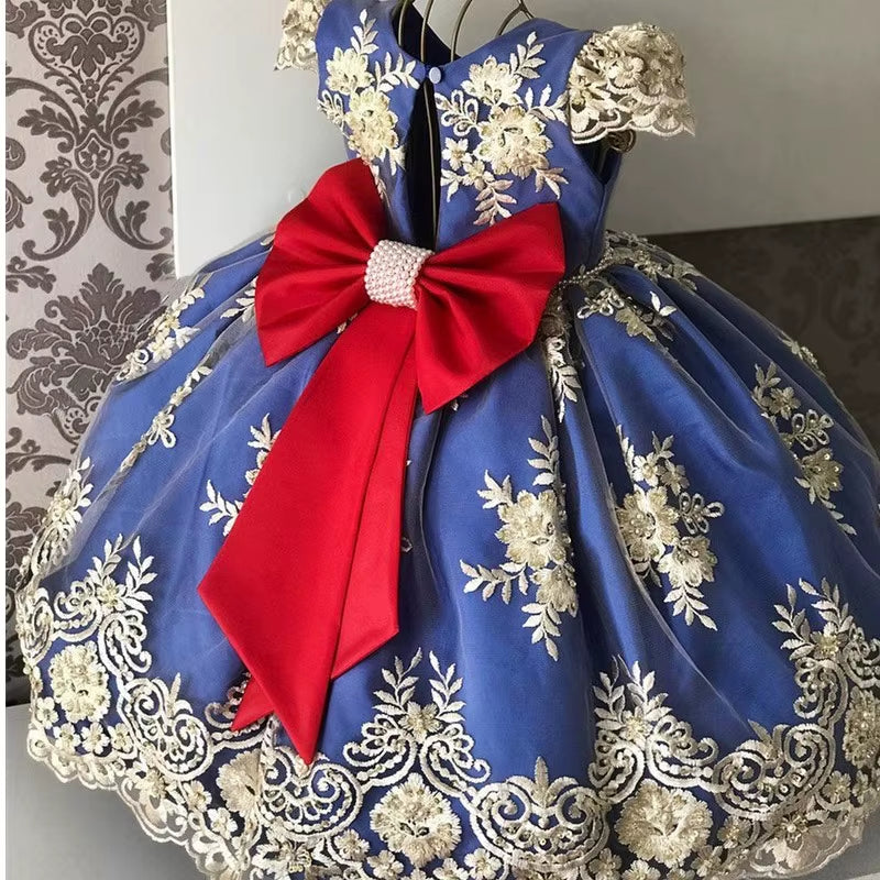 Birthday Party Princess Dress for 4-10 Years Girls Bow Lace Sleeve Flower Ball Gown for Children Backless Knee-Length Costume