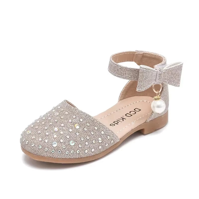 Girls' Rhinestone and Pearl Princess Shoes - Versatile Flat Sandals for Weddings and Parties in Korean Style