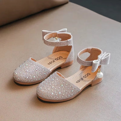Girls' Rhinestone and Pearl Princess Shoes - Versatile Flat Sandals for Weddings and Parties in Korean Style