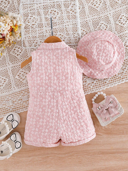 Summer Baby Girls Cute 3D Floral Vest Romper & Bucket Hat 2Pcs Set