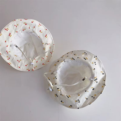 Summer Large Brim Sun Hat Baby Cute Cherry Print Girls Fisherman Cap Solid Color Kids Sun Hats Outdoor Beach Panama Caps