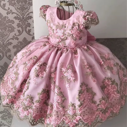 Birthday Party Princess Dress for 4-10 Years Girls Bow Lace Sleeve Flower Ball Gown for Children Backless Knee-Length Costume