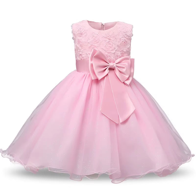 Birthday Party Princess Dress for 4-10 Years Girls Bow Lace Sleeve Flower Ball Gown for Children Backless Knee-Length Costume