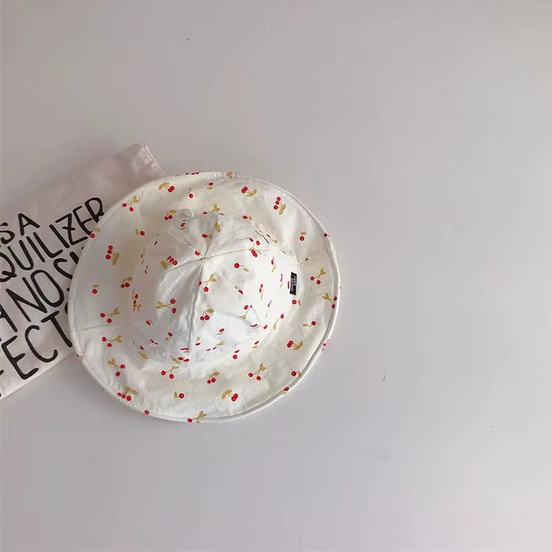 Summer Large Brim Sun Hat Baby Cute Cherry Print Girls Fisherman Cap Solid Color Kids Sun Hats Outdoor Beach Panama Caps