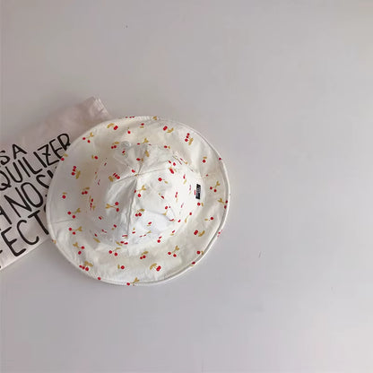 Summer Large Brim Sun Hat Baby Cute Cherry Print Girls Fisherman Cap Solid Color Kids Sun Hats Outdoor Beach Panama Caps