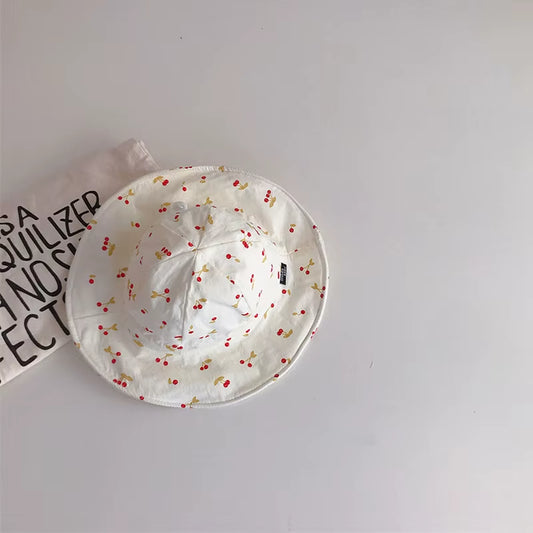 Summer Large Brim Sun Hat Baby Cute Cherry Print Girls Fisherman Cap Solid Color Kids Sun Hats Outdoor Beach Panama Caps