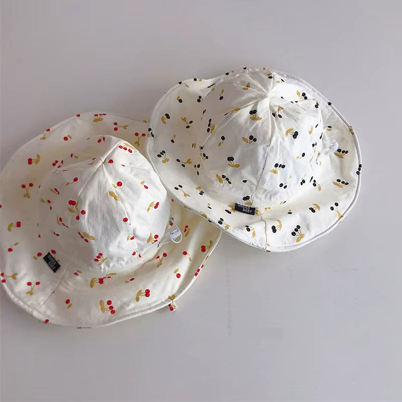 Summer Large Brim Sun Hat Baby Cute Cherry Print Girls Fisherman Cap Solid Color Kids Sun Hats Outdoor Beach Panama Caps