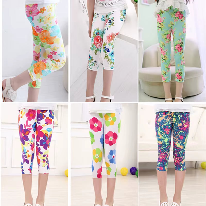 3-10Years Girls Cropped Trousers Floral Print Flower Kids Calf Length Skinny Pants Stretch Leggings Children All-Matches Bottoms