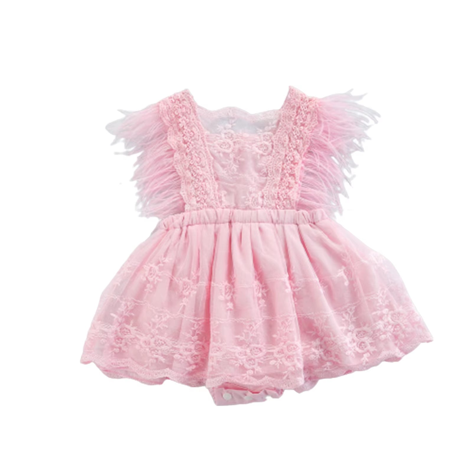 Princess Infant Baby Girls Lace Embroidery Romper Dress Sweet Baby Feathers Fly Sleeve Backless White Jumpsuit Summer Romper