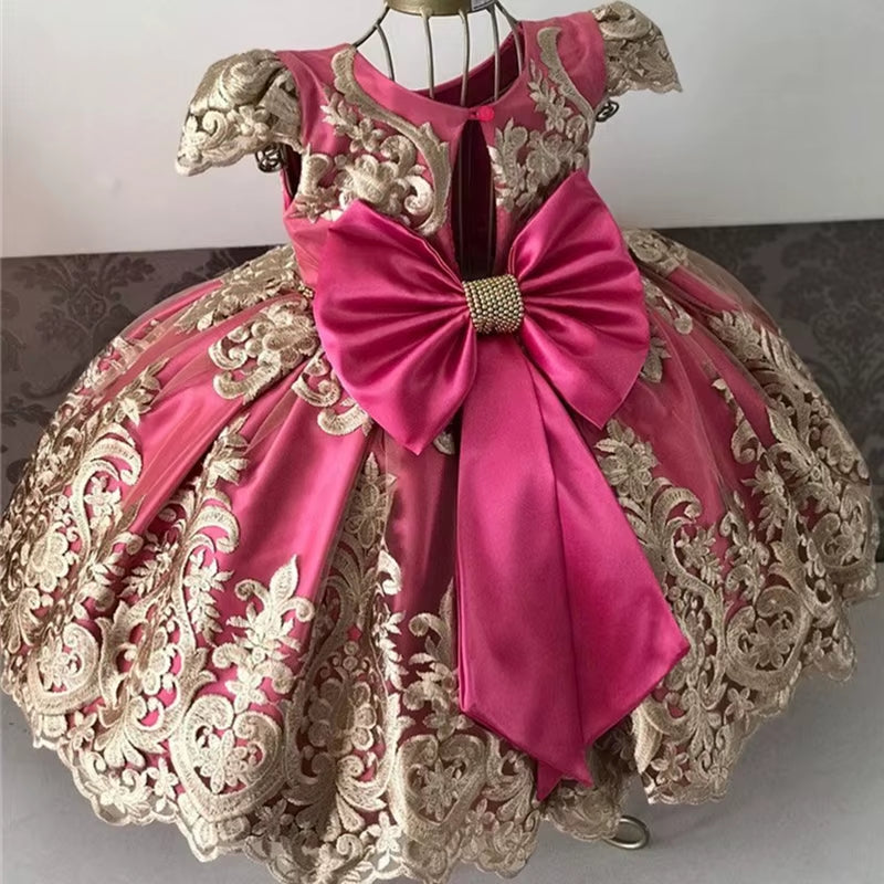 Birthday Party Princess Dress for 4-10 Years Girls Bow Lace Sleeve Flower Ball Gown for Children Backless Knee-Length Costume