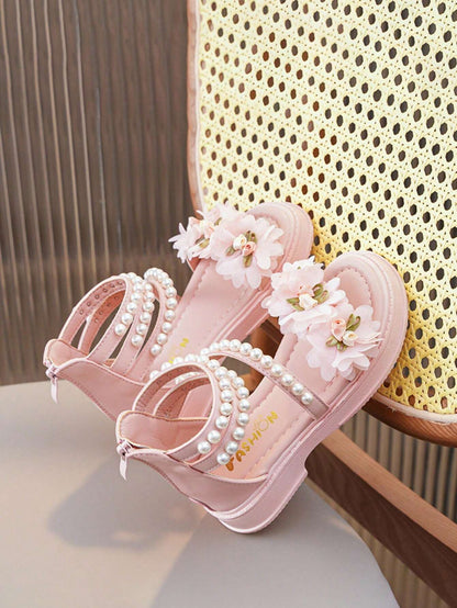 Children'S Low-Heeled Sandals, Girls' Flower Princess Shoes, Pearl Shoes, Toddler/Big Kids/Little Kids, High-Top Chain Design, Hidden Wedges, Open-Toe Summer Shoes