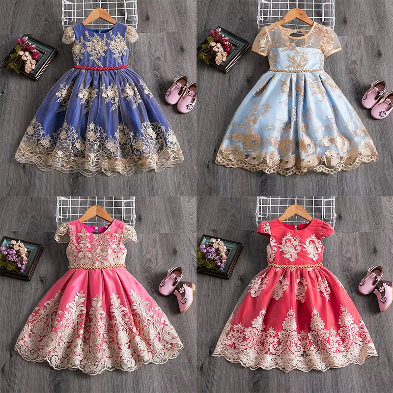 Birthday Party Princess Dress for 4-10 Years Girls Bow Lace Sleeve Flower Ball Gown for Children Backless Knee-Length Costume