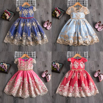 Birthday Party Princess Dress for 4-10 Years Girls Bow Lace Sleeve Flower Ball Gown for Children Backless Knee-Length Costume