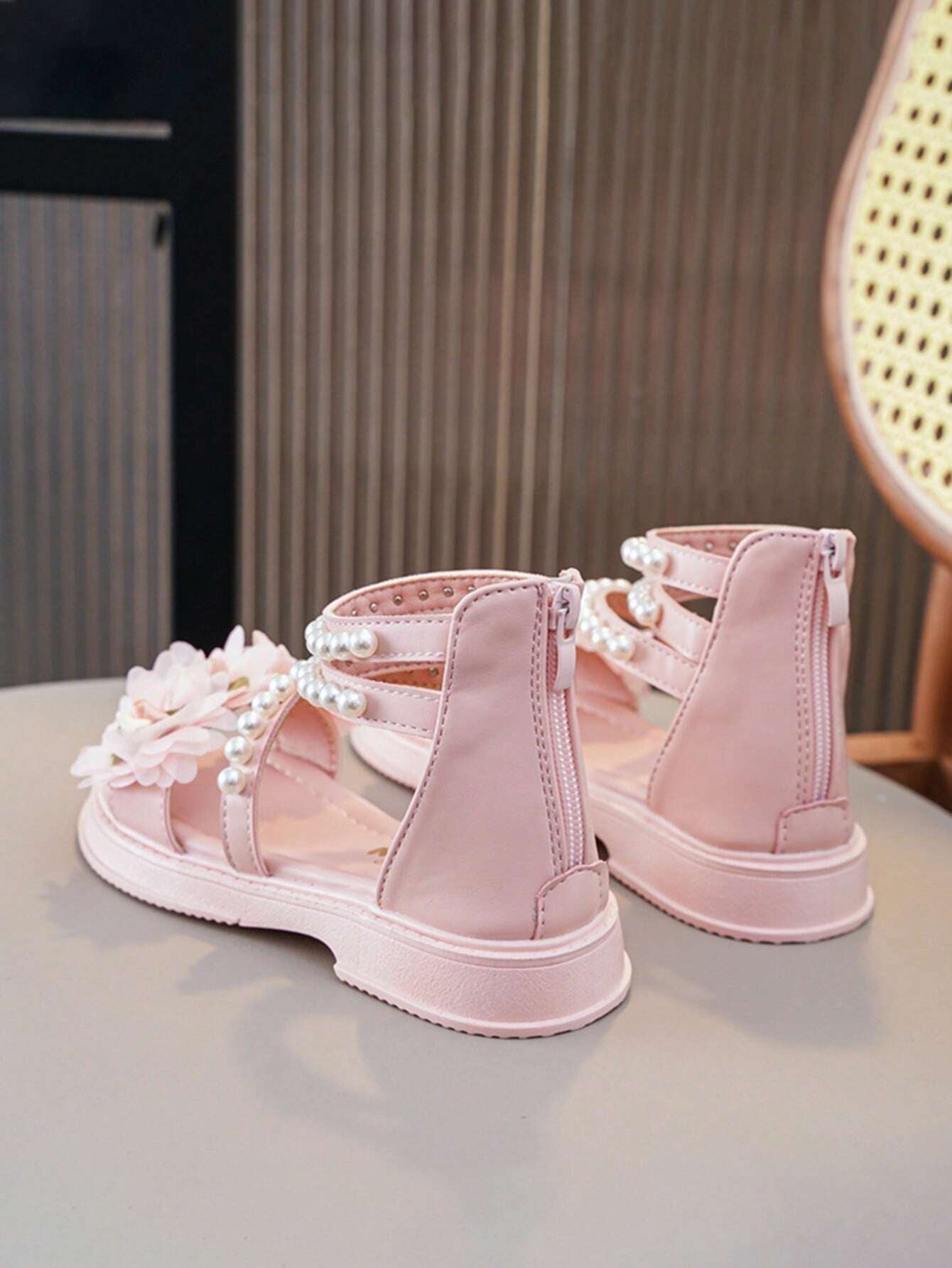 Children'S Low-Heeled Sandals, Girls' Flower Princess Shoes, Pearl Shoes, Toddler/Big Kids/Little Kids, High-Top Chain Design, Hidden Wedges, Open-Toe Summer Shoes