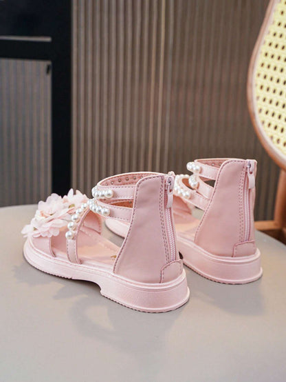 Children'S Low-Heeled Sandals, Girls' Flower Princess Shoes, Pearl Shoes, Toddler/Big Kids/Little Kids, High-Top Chain Design, Hidden Wedges, Open-Toe Summer Shoes