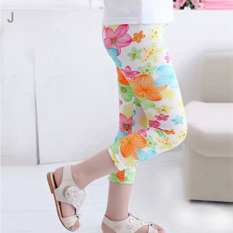 3-10Years Girls Cropped Trousers Floral Print Flower Kids Calf Length Skinny Pants Stretch Leggings Children All-Matches Bottoms
