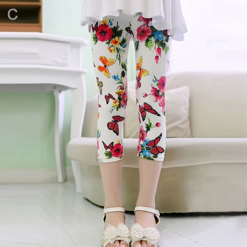 3-10Years Girls Cropped Trousers Floral Print Flower Kids Calf Length Skinny Pants Stretch Leggings Children All-Matches Bottoms