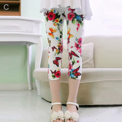 3-10Years Girls Cropped Trousers Floral Print Flower Kids Calf Length Skinny Pants Stretch Leggings Children All-Matches Bottoms