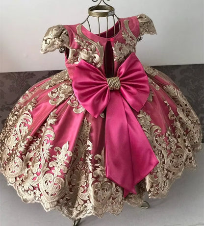 Birthday Party Princess Dress for 4-10 Years Girls Bow Lace Sleeve Flower Ball Gown for Children Backless Knee-Length Costume