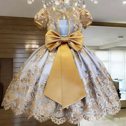 Birthday Party Princess Dress for 4-10 Years Girls Bow Lace Sleeve Flower Ball Gown for Children Backless Knee-Length Costume