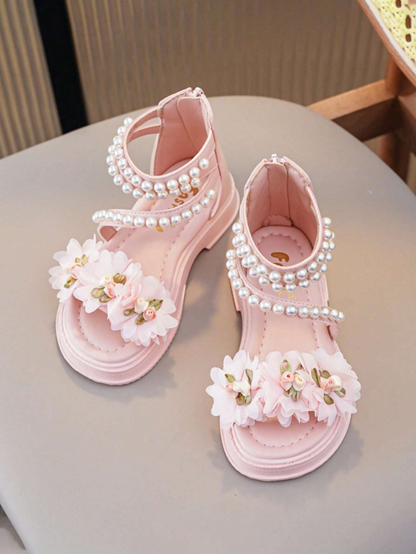Children'S Low-Heeled Sandals, Girls' Flower Princess Shoes, Pearl Shoes, Toddler/Big Kids/Little Kids, High-Top Chain Design, Hidden Wedges, Open-Toe Summer Shoes