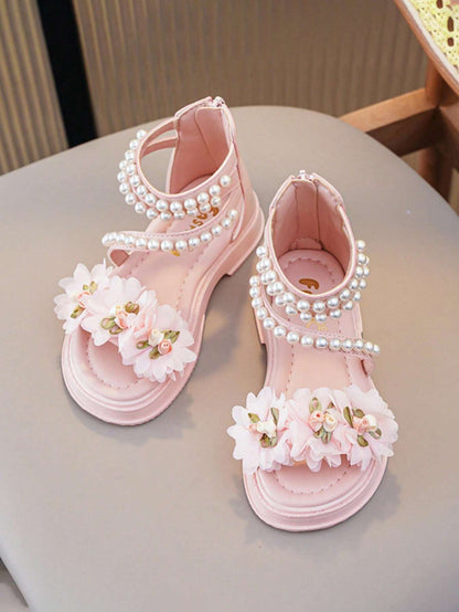 Children'S Low-Heeled Sandals, Girls' Flower Princess Shoes, Pearl Shoes, Toddler/Big Kids/Little Kids, High-Top Chain Design, Hidden Wedges, Open-Toe Summer Shoes