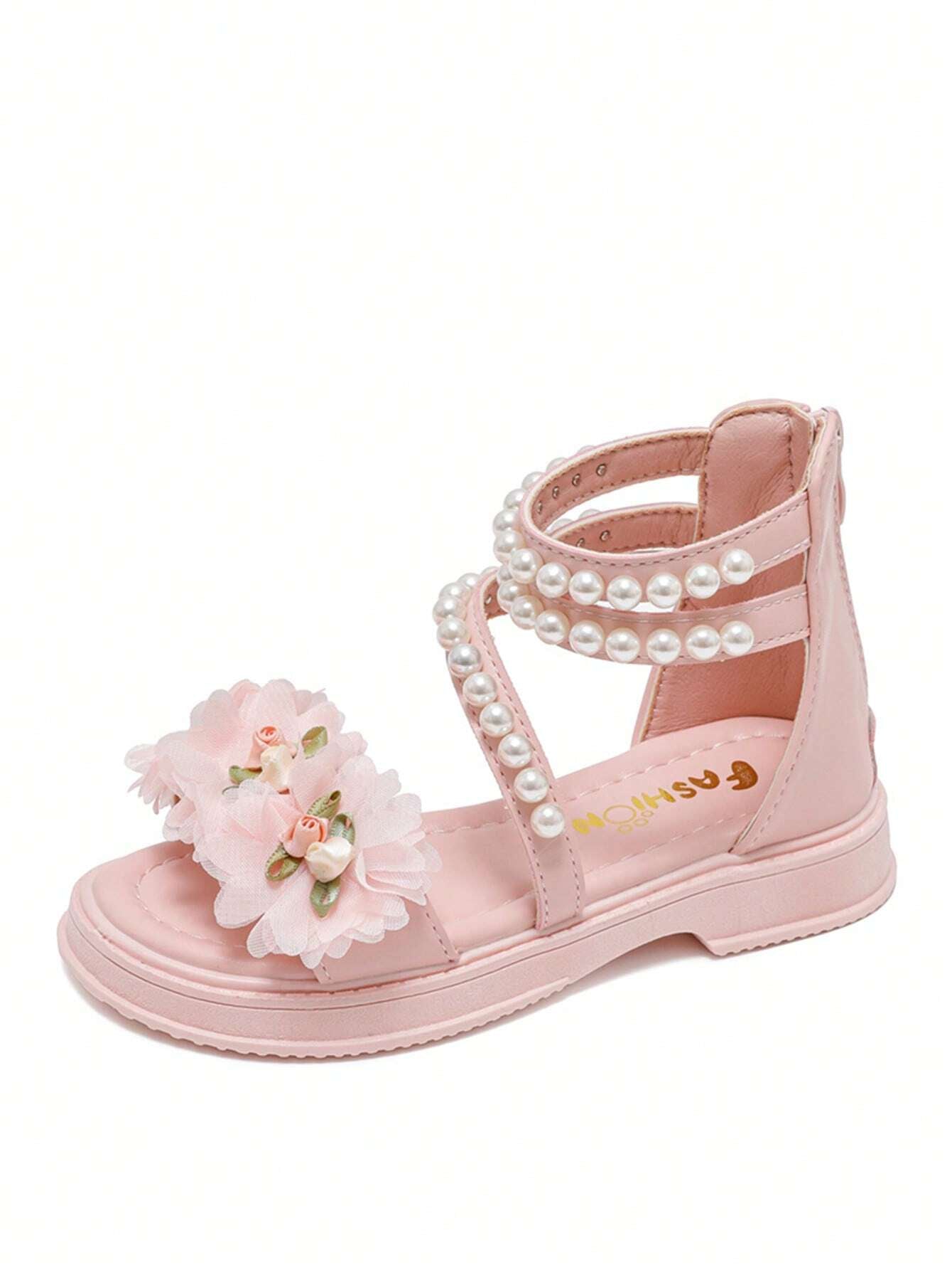 Children'S Low-Heeled Sandals, Girls' Flower Princess Shoes, Pearl Shoes, Toddler/Big Kids/Little Kids, High-Top Chain Design, Hidden Wedges, Open-Toe Summer Shoes