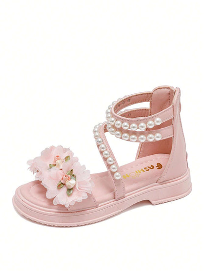 Children'S Low-Heeled Sandals, Girls' Flower Princess Shoes, Pearl Shoes, Toddler/Big Kids/Little Kids, High-Top Chain Design, Hidden Wedges, Open-Toe Summer Shoes