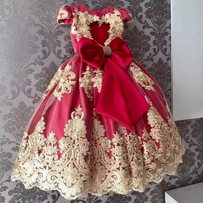 Birthday Party Princess Dress for 4-10 Years Girls Bow Lace Sleeve Flower Ball Gown for Children Backless Knee-Length Costume