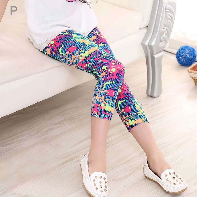 3-10Years Girls Cropped Trousers Floral Print Flower Kids Calf Length Skinny Pants Stretch Leggings Children All-Matches Bottoms