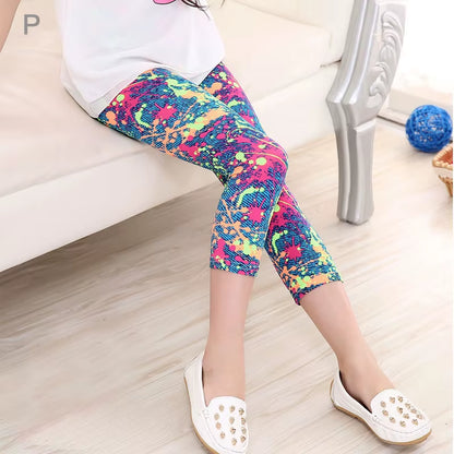 3-10Years Girls Cropped Trousers Floral Print Flower Kids Calf Length Skinny Pants Stretch Leggings Children All-Matches Bottoms