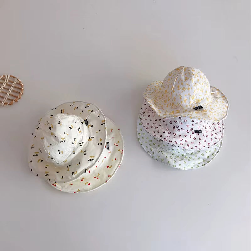 Summer Large Brim Sun Hat Baby Cute Cherry Print Girls Fisherman Cap Solid Color Kids Sun Hats Outdoor Beach Panama Caps