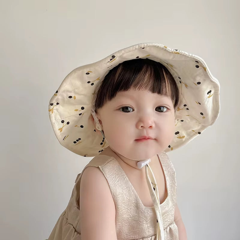 Summer Large Brim Sun Hat Baby Cute Cherry Print Girls Fisherman Cap Solid Color Kids Sun Hats Outdoor Beach Panama Caps